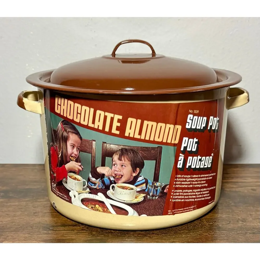 New Vintage 1979 Stock Pot With Lid #1530 Chocolate/Almond Enamel 11Qt 7oz